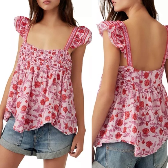 Free People Pink Floral Smock Babydoll Tank Top with Ruffle Sleeves - Picture 2 of 10